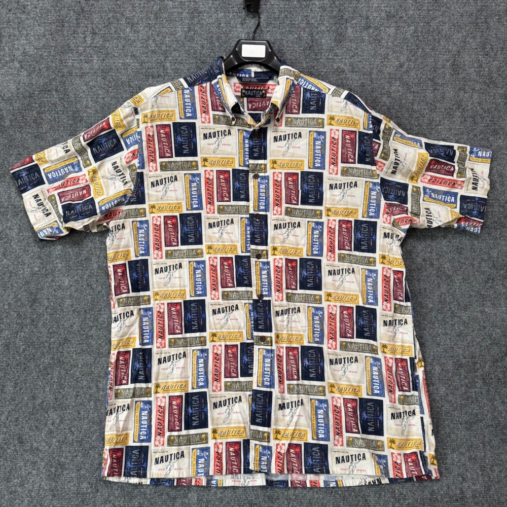 Vintage Nautica‎ Shirt XL Rayon Mens Button Down Shirt Tropical 90s Hawaiian